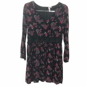 Alya Black & Red Floral Print w/ Sheer Lace Waist Long Sleeve Dress - Large